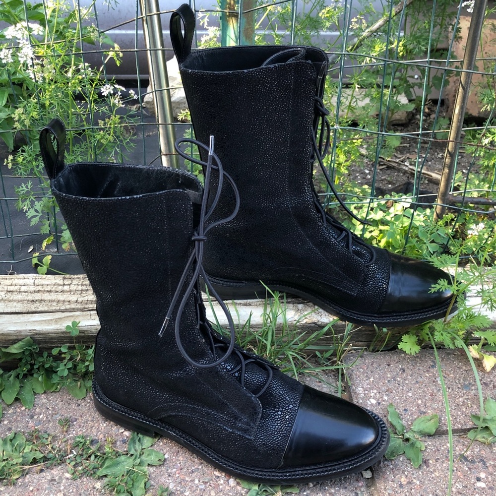 Inch2 Brogue Black Leather Lace Up Combat Boots Size 39 - 8